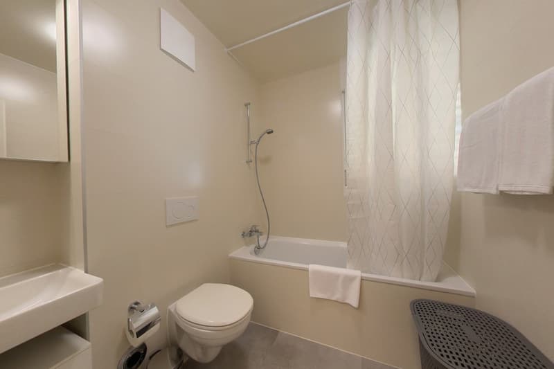 Bathroom with white tiles, bathtub, shower, toilet, sink, mirror, and towel rack