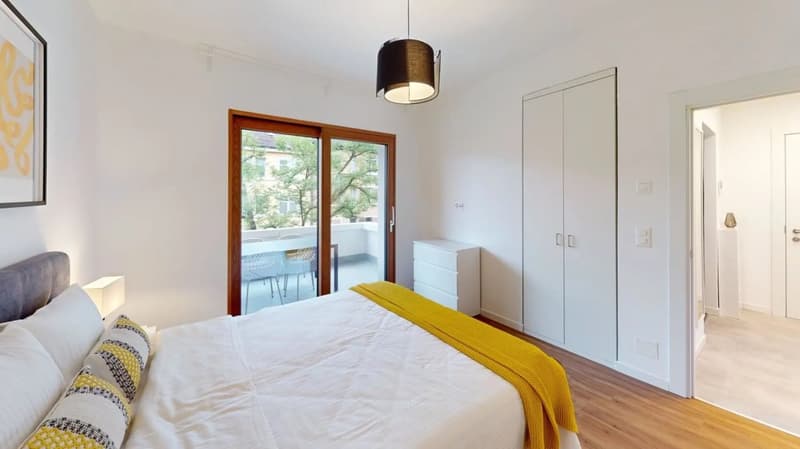 bed, bedside tables, white walls, floor lamp, sliding door, cabinet, wardrobe, bedsheets, pillows