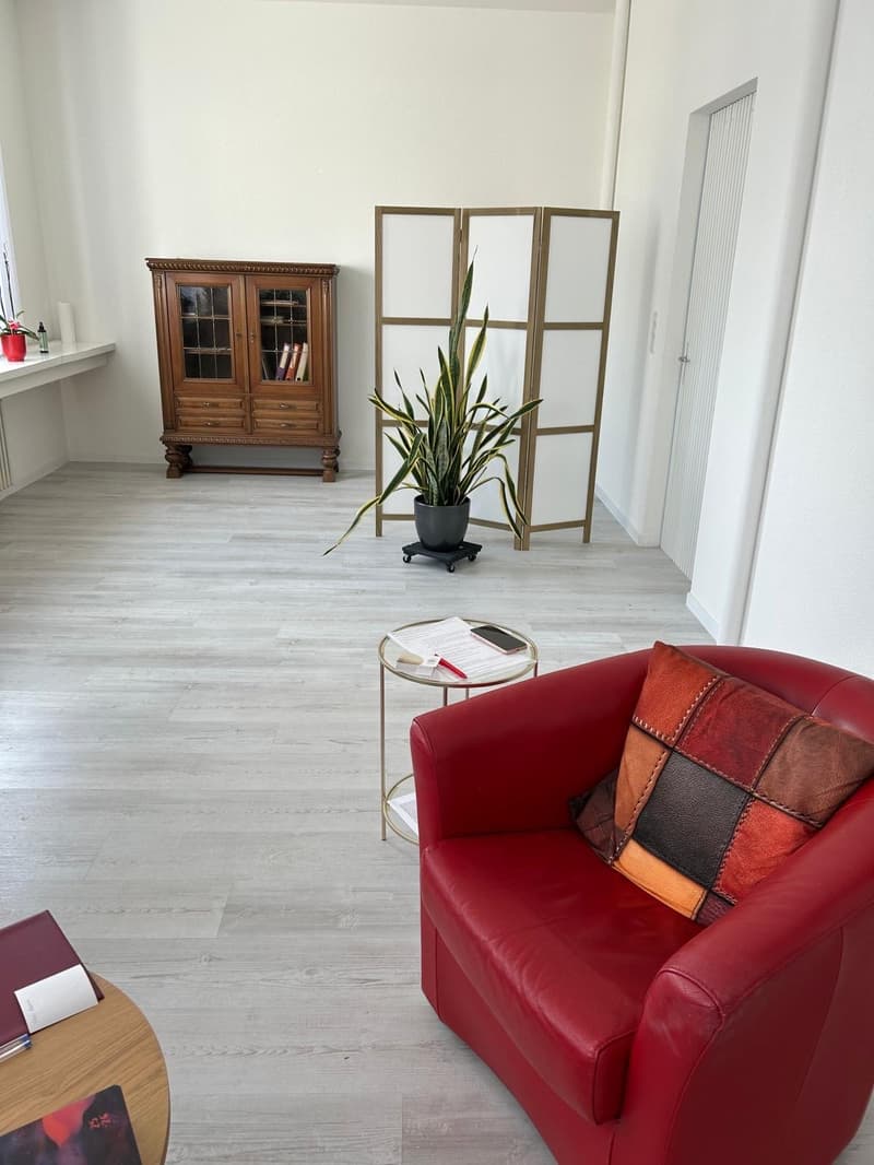 Red leather armchair, wooden table, side table, potted plant, wooden cabinet, white walls, wooden floor