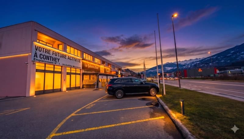 Vue extérieure de l'arcade avec parking et signalétique éclairée.