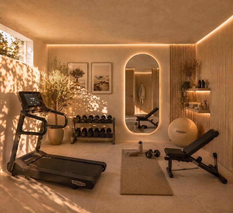 Home gym with treadmill, dumbbells, exercise ball, bench, mirror, potted plant, shelves with towels and bottles