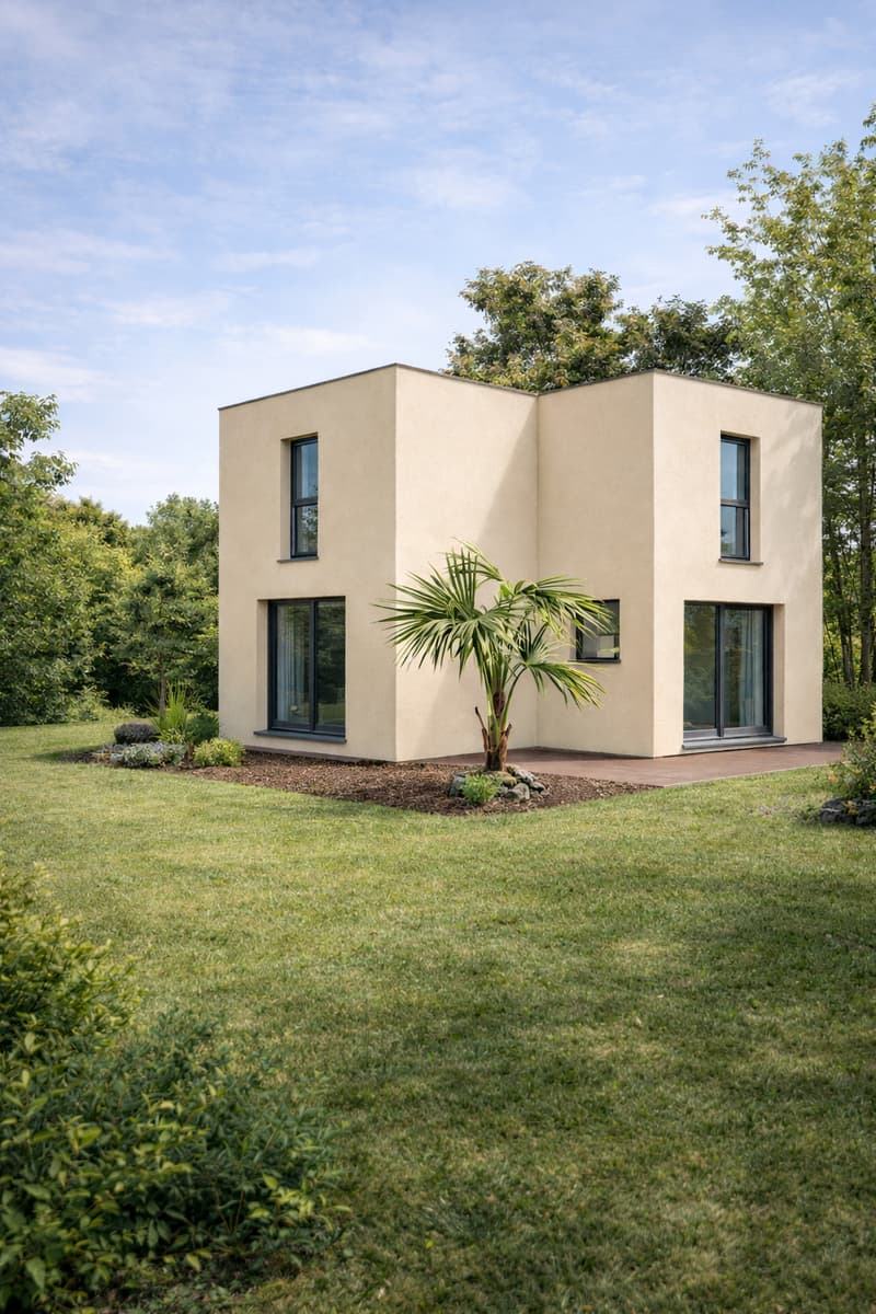 Modern design house, beige exterior, glass windows, surrounded by greenery