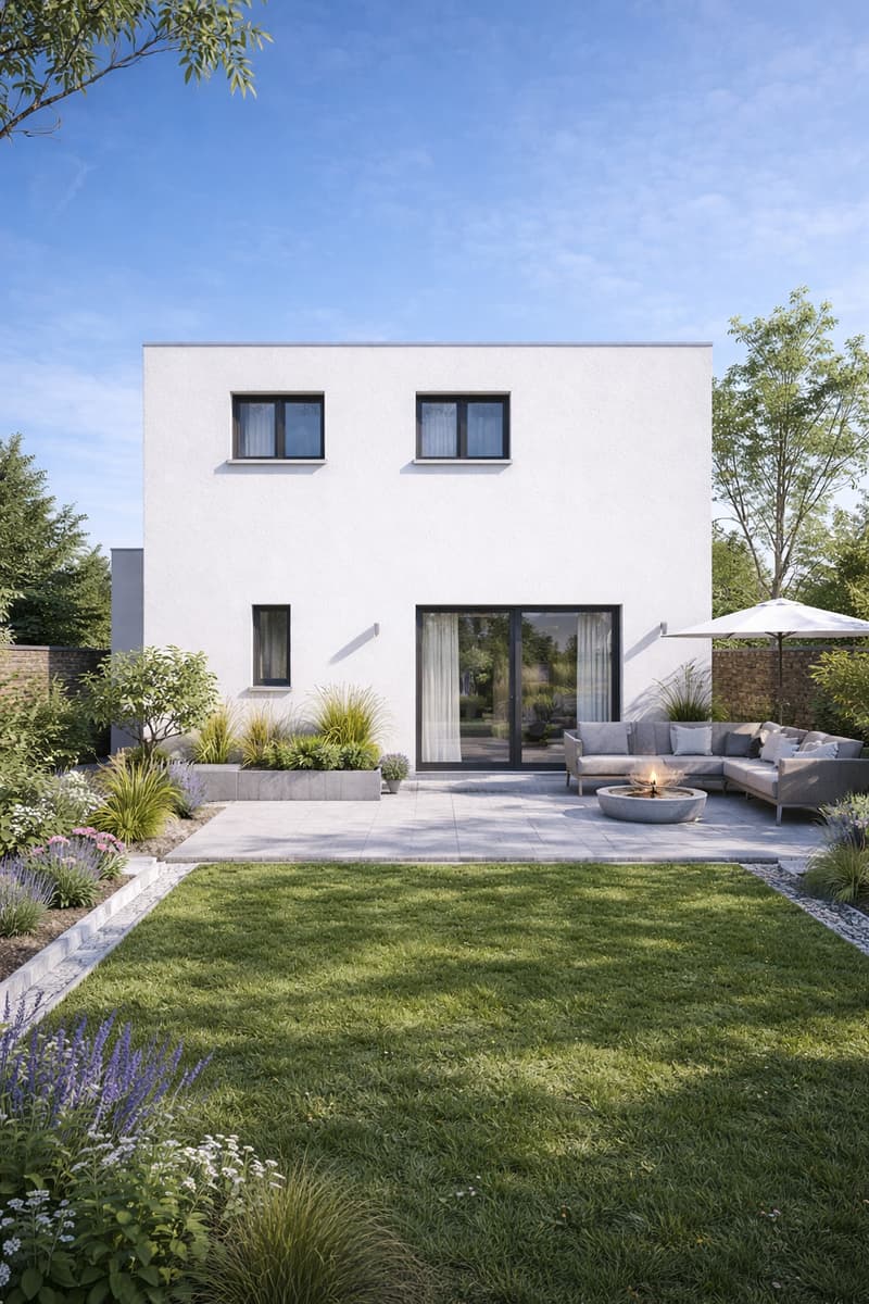 Modern white house, glass entrance door, sliding glass door, outdoor sofa, fire pit, lawn, plants, trees