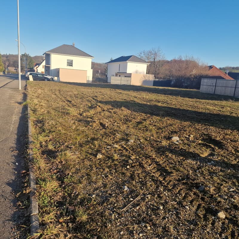 Plot of land, mostly grass with some visible rocks, next to a street with a sidewalk and streetlight.
