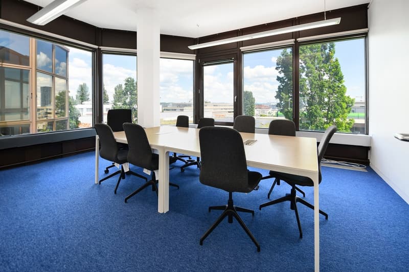 Large conference room with floor-to-ceiling windows, white table, black office chairs, blue carpeted floor, and views of trees and buildings outside