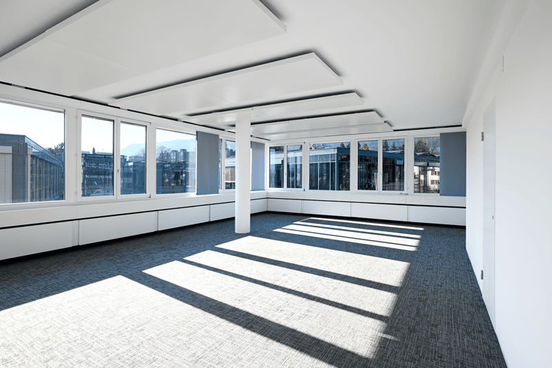 Empty room with white walls, gray carpet, large windows, central column