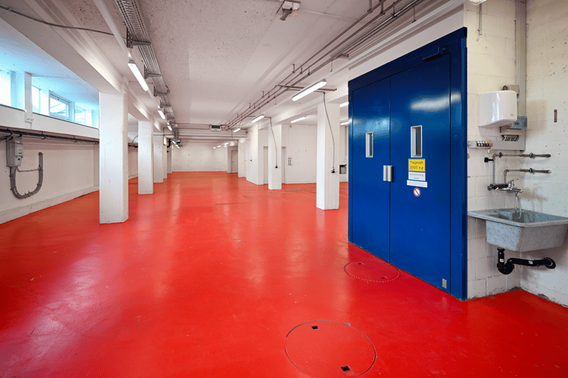 Empty room, white walls, red floor, blue door, sink, several white pillars, fluorescent lights