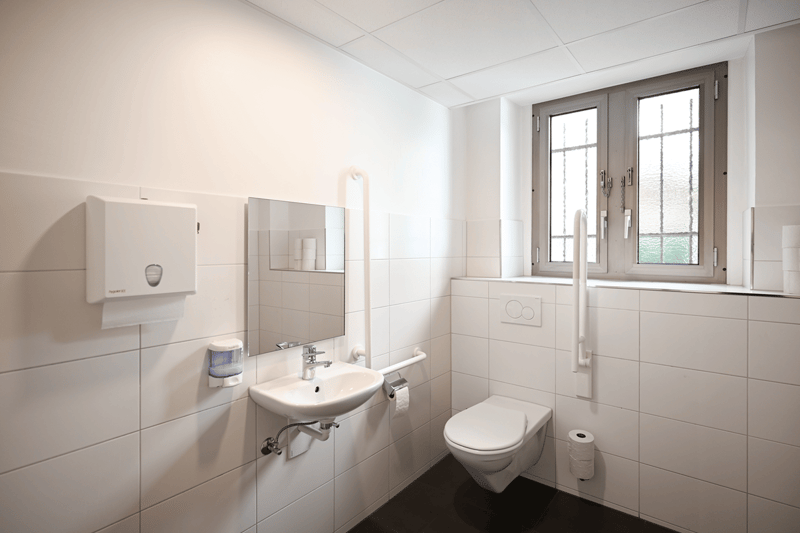 A bathroom with a toilet, sink, and mirror on the wall, and a window with a small window sill.