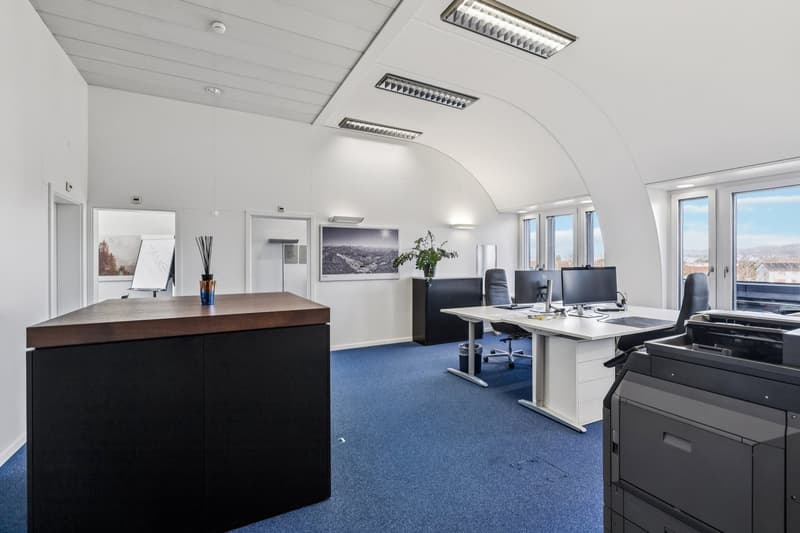 modern office, desk with monitors, office chair, printer, cabinets, carpet