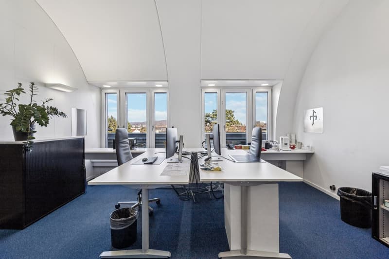 modern office space with desk, chairs, monitor, keyboard, windows, plant