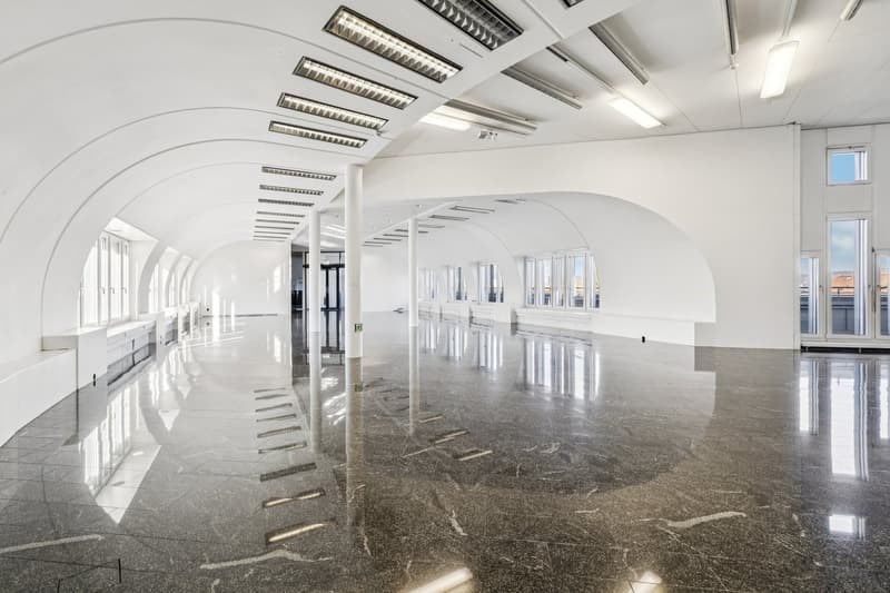 Open area, wide arch ceiling, white walls, gray flooring, several glass windows