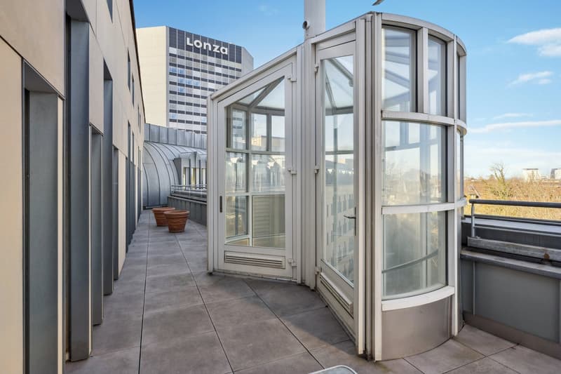 modern building, balcony, rotating glass door, large windows, gray floor, two large brown pots