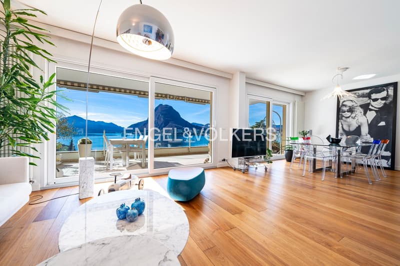modern open floor plan, large windows with balcony, wooden floor, table, sofa, TV, plants