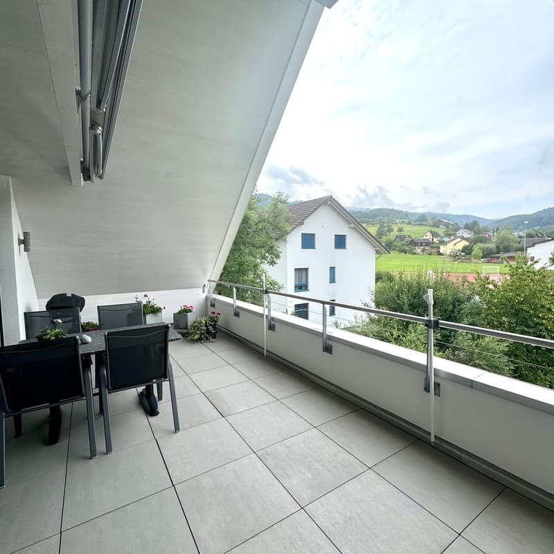 Tiled floor, metal railings, dining table with chairs, plants in pots, table with plants, view of a house and landscape
