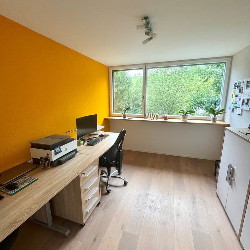 Office with yellow wall, desk with printer, computer monitor, office chair, and drawer cabinet. Wooden floor, and large window with plants. Cabinet with hanging papers on the wall. Office supplies on the desk.