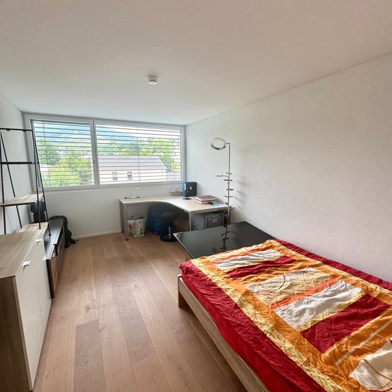 white walls, wooden floor, desk with chair, bed with quilt, desk lamp, storage shelves, window with blinds, view of landscape outside