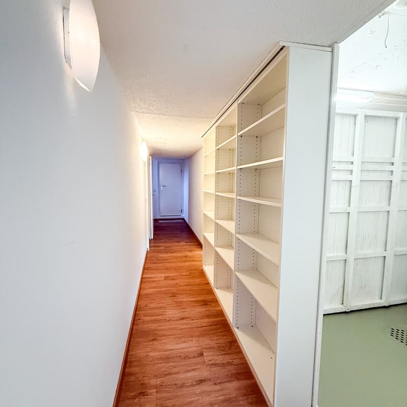long narrow hallway with wooden floor, large white shelf, hallway lamp