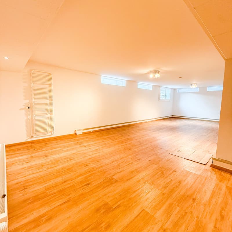 Empty room, wooden floor, white walls, ceiling lights, windows, baseboard heating