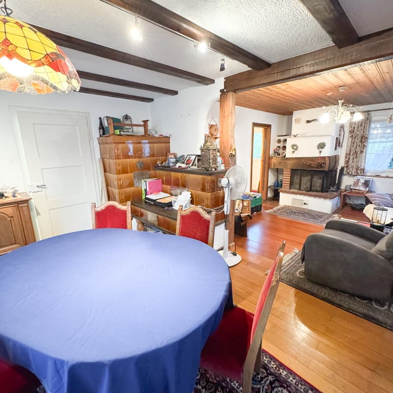 Dining area with table and chairs, fireplace, carpet, hardwood floor, fan, couch
