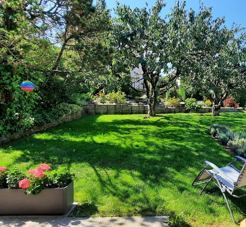 large lawn, garden with various trees, shrubs, plants, and a hanging ornament