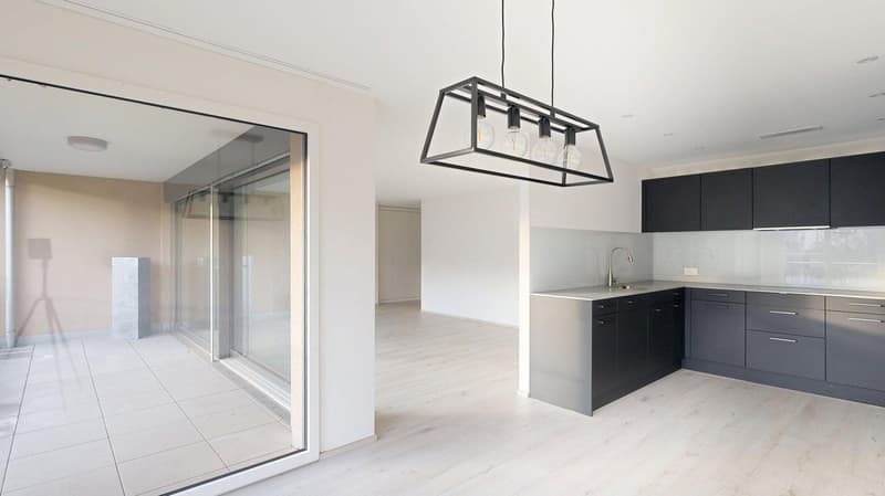 modern kitchen with glass doors, stainless steel countertops, black cabinets, pendant light, white tiled floor