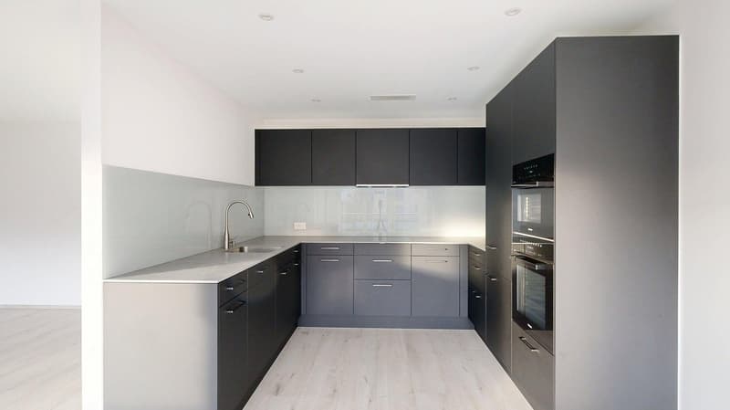 modern kitchen, stainless steel countertops, gray cabinets, built-in oven and dishwasher, silver faucet