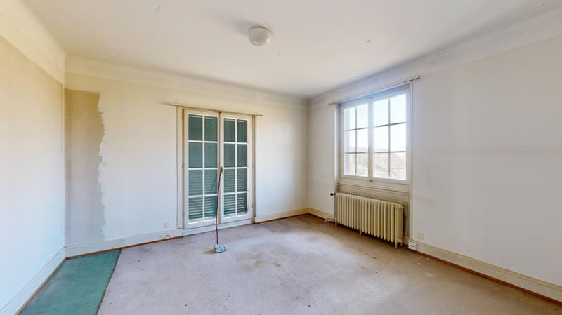 empty room, white walls, glass door, glass window, radiator, ceiling lamp