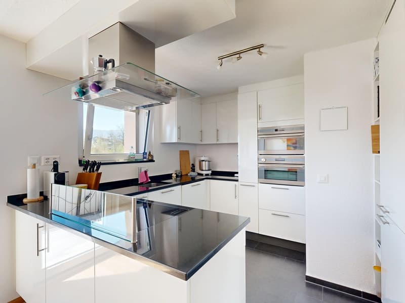 modern kitchen with white cabinets, black countertops, glass window, stainless steel appliances, ceiling lights