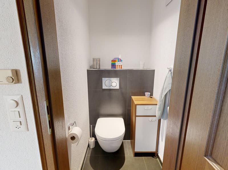 small bathroom with toilet, sink, and cabinet