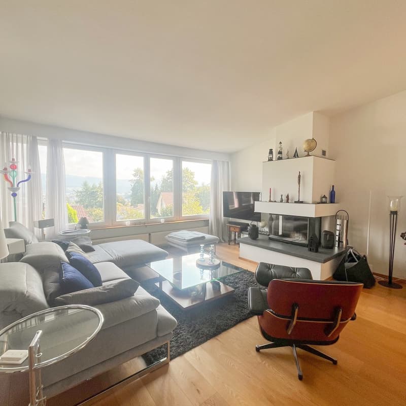 Fireplace, large windows, comfortable sofa, glass table, carpet, chair
