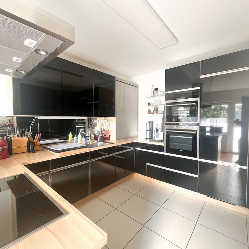 modern fully equipped kitchen, black kitchen cabinets, induction hob, dishwasher