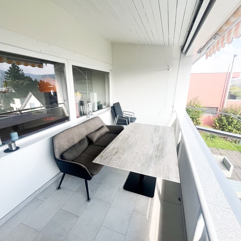 sofa set, outdoor dining table, balcony, outside view, floor lamp, chairs