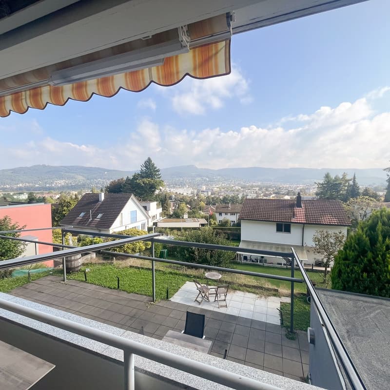 Metal railing, table, chairs, grassy area, houses in background, mountains