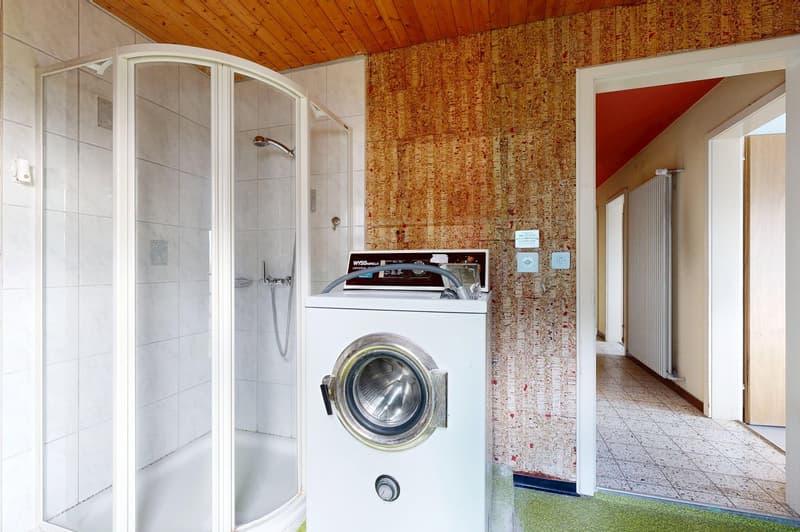 Bathroom with shower, washing machine, tiled walls, wooden ceiling