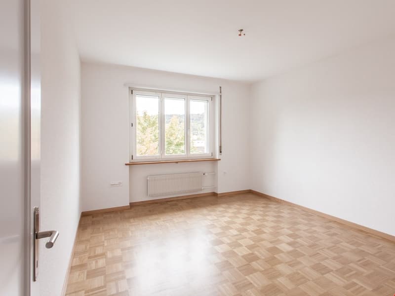 empty room, white walls, wooden floor, radiator, double window