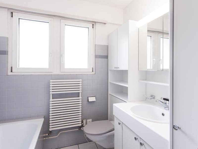 Bathroom with bathtub, toilet, sink, shelves, towel warmer, windows