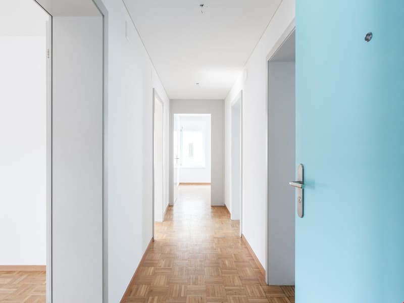 Empty hallway with white walls, wooden floor, and a blue door at the end.