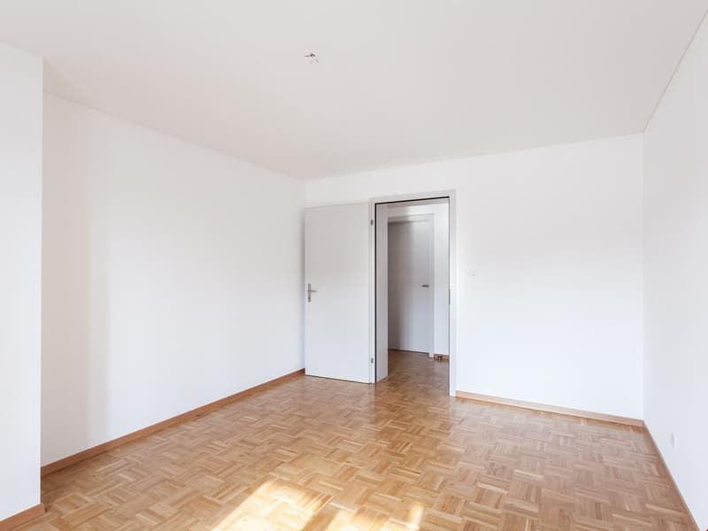 empty room, white walls, wooden parquet floor, two doors