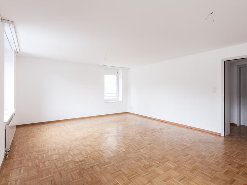empty room, wooden parquet floor, white walls, two windows, one with a radiator