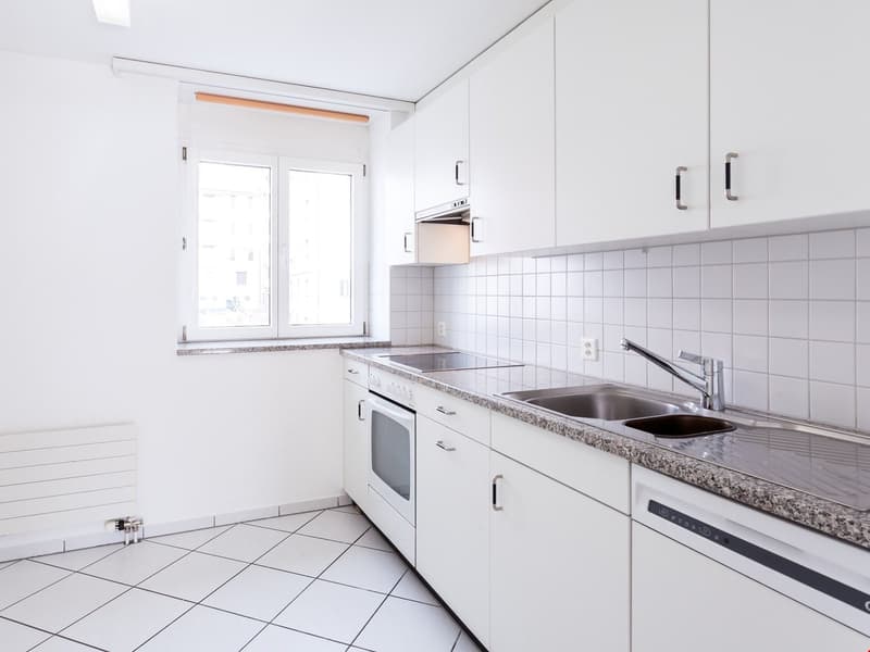 modern kitchen with white cabinets, granite countertops, stainless steel sink, dishwasher, electric stove, window