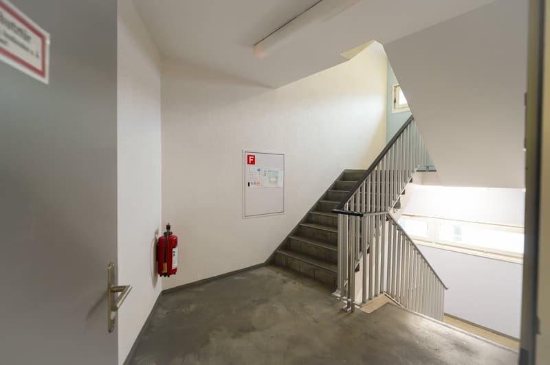 Concrete stairs with metal railing, fire extinguisher on the wall, and a fire safety sign visible.