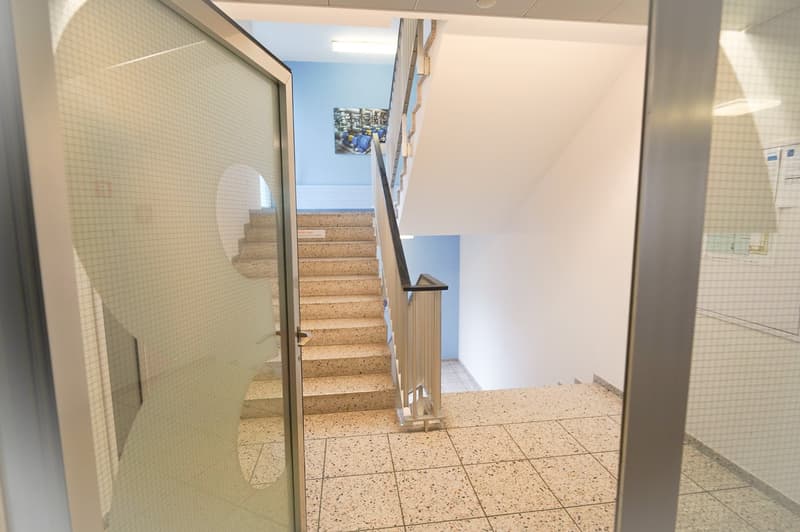 The image shows a staircase with terrazzo steps leading up to a landing. The walls are painted in a light blue color, and there is a framed artwork visible on the wall. The floor is tiled with a speckled pattern. The staircase appears to be in a residenti