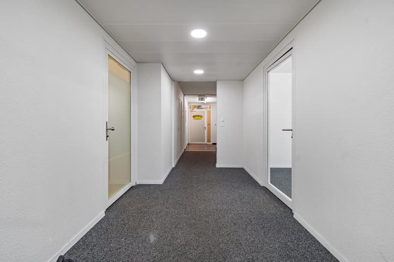 long corridor, white walls, white ceiling, grey carpet, two doors, two windows