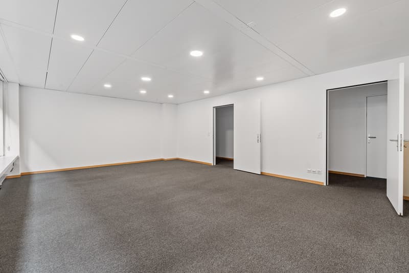 Empty room, white walls, gray carpet, recessed lighting, two doors