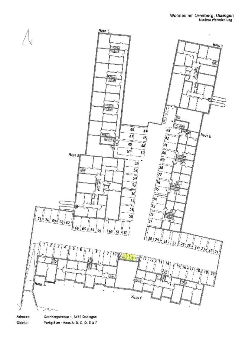 Floor plan of Wohngebaude with multiple houses labeled as A, B, C, D, E, F with each having parking spaces.