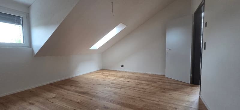 hardwood floor, attic, white walls, window with roller shutter, ceiling lamp