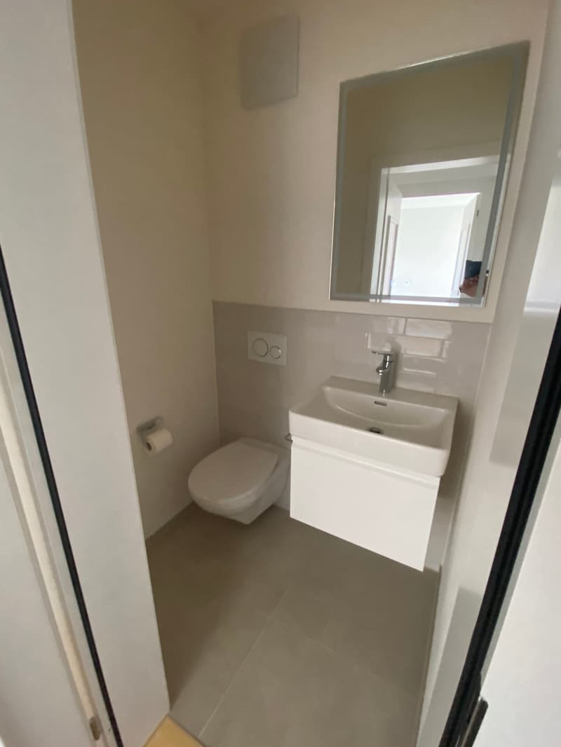 The image shows a modern bathroom with a white toilet, a white sink vanity, and a mirror on the wall. The bathroom has a clean, minimalist design with neutral-colored tiles on the floor.