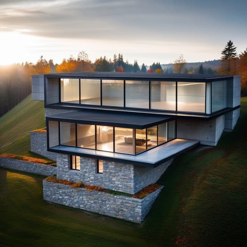Modern two-story house with large glass windows, stone exterior, and a flat roof. The house is situated on a grassy hill with a scenic view of the surrounding forest and autumn foliage.