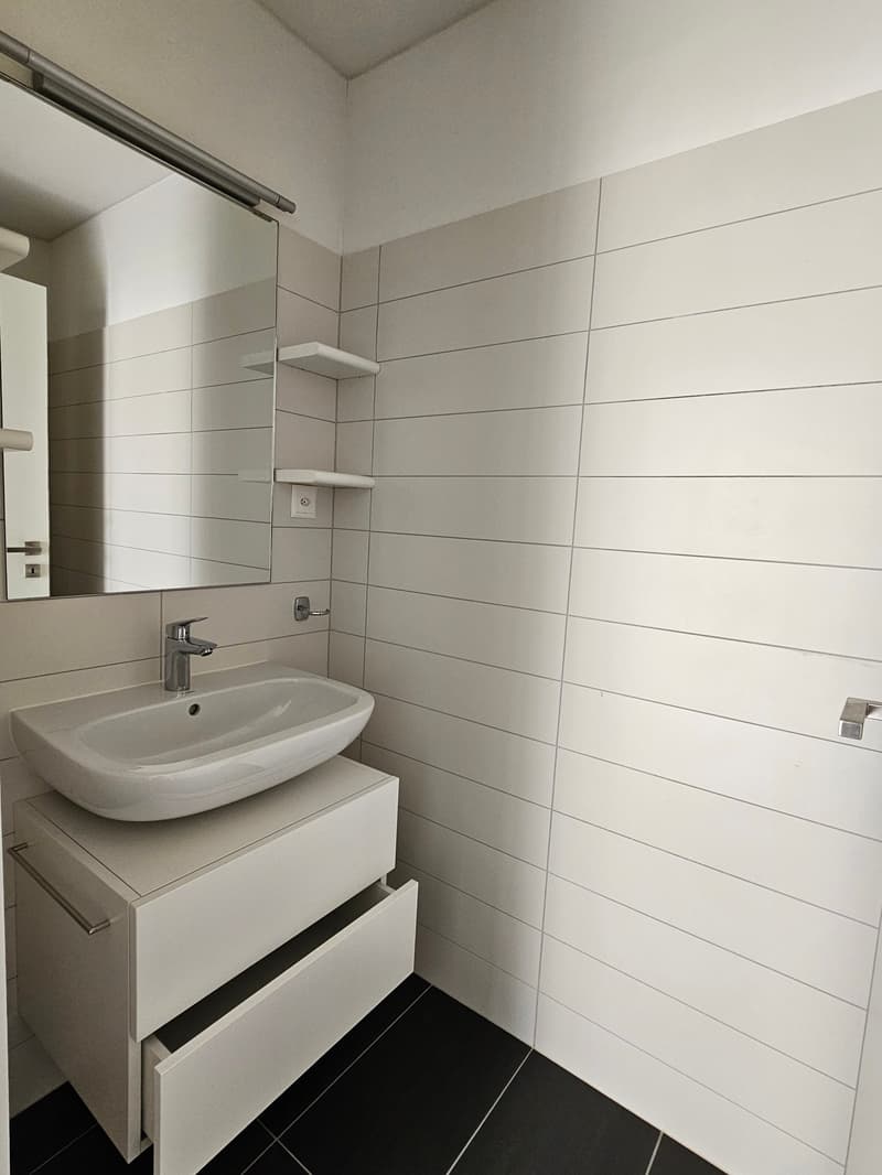 Bathroom: White tiled walls, mirror, sink with faucet, cabinet drawers, shower towel rack, electrical outlet