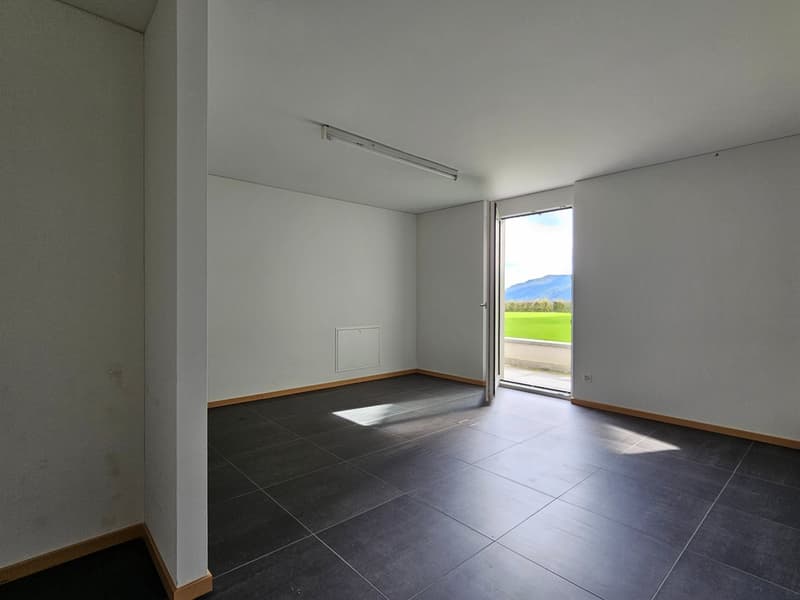 Empty room with white walls, tile flooring, opened sliding door, open field view
